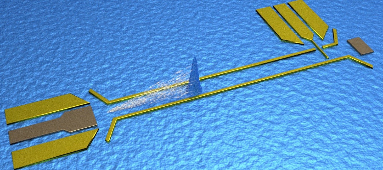 Illustration of a picosecond voltage pulse travelling along an on-chip waveguide towards a nanoelectronic device